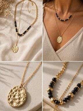 Gold Layered Pendant Necklace | Black Beaded Detail | Boho Minimalist Jewelry